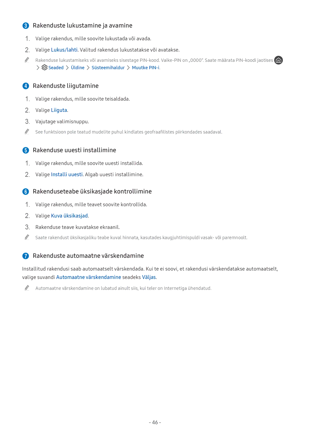 Samsung UE50MU6192UXXH manual  Rakenduste lukustamine ja avamine,  Rakenduste liigutamine,  Rakenduse uuesti installimine 